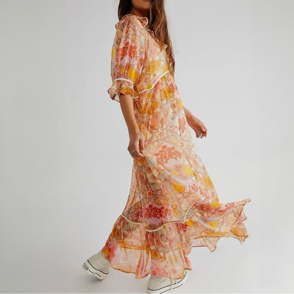 FREE PEOPLE Carmella Rust Orange Motif Ruffle Boho Printed Maxi Dress S Festival